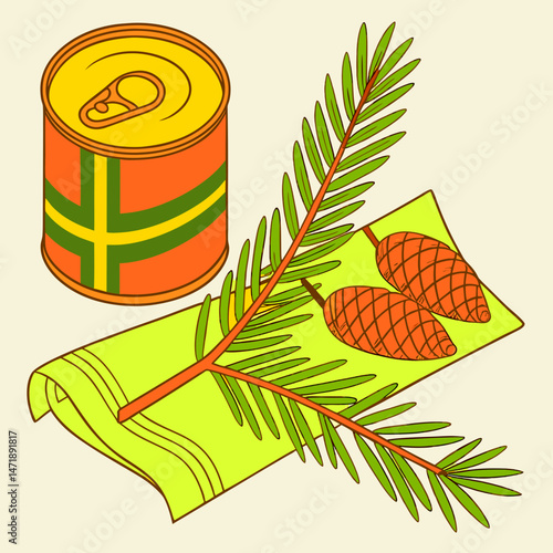 Surströmming Can with Pine Branch and Pine Cones on Napkin  