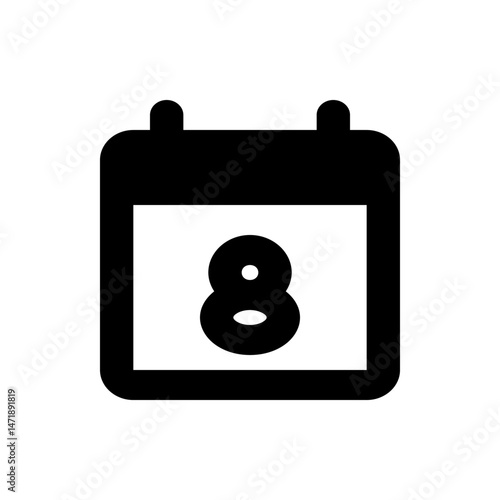 Illustration of a black calendar icon displaying the number eight on a white background in simple style