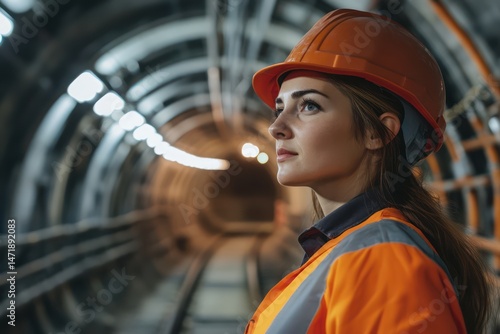 Young female engineer in metro tunnel surveying site photo