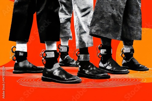 Artistic illustration with multiple legs wearing ankle monitors and boots on an orange field.