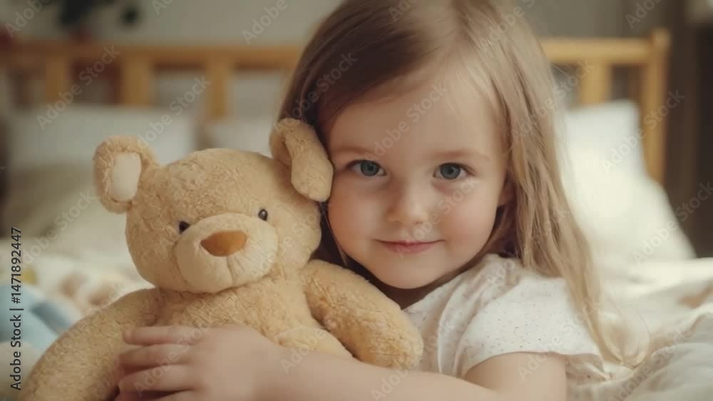 A young girl is holding a teddy bear and smiling. Concept of warmth and comfort, as the teddy bear is often associated with childhood memories and feelings of security A young girl is holding a teddy bear and smiling. Concept of warmth and comfort, as the teddy bear is often associated with childhood memories and feelings of security