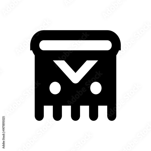 Illustration of a stylized black icon with a horizontal bar, inverted v shape, circles, and rounded legs