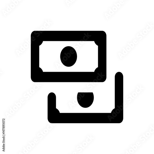 Two stylized black and white banknotes stacked with rounded corners and circular central elements design