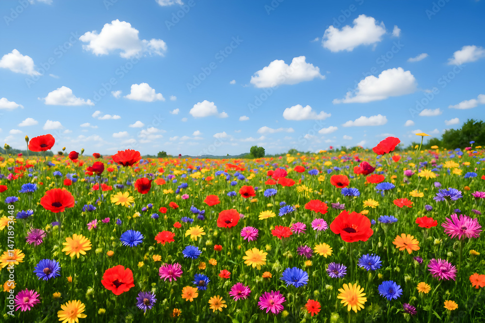 Vibrant wildflower field under a blue sky. Vibrant wildflower field under a blue sky.