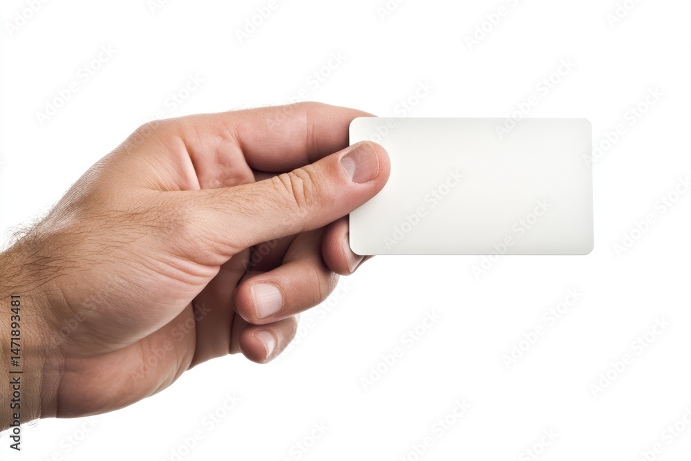Hand holding blank white credit card on white background Hand holding blank white credit card on white background