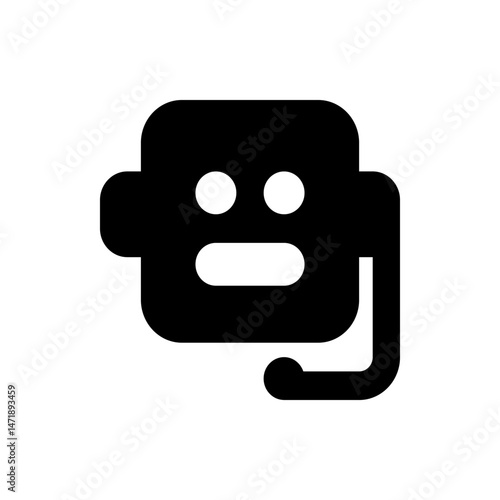 Stylized black robot face with round eyes and mouth and a rounded rectangular head and side appendage