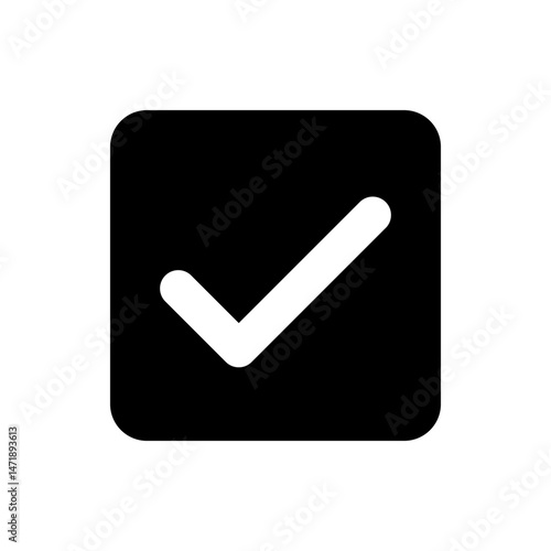 Black square with rounded corners containing a white check mark indicating completion or approval status