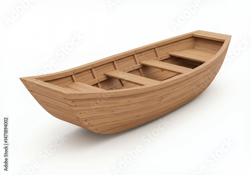An old wooden fishing boat, a small empty vessel, rests on the lake's calm water, its wood reflecting the summer nature