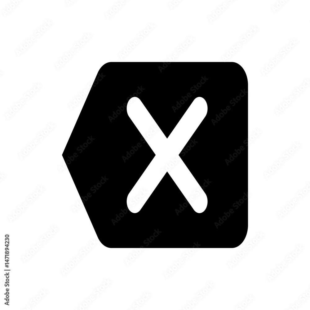 Obraz premium Black rectangle with rounded corners and a left arrow shape containing a white x symbol in the center