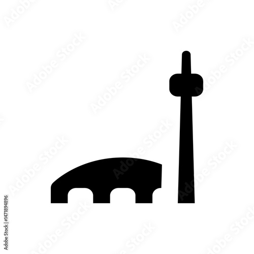 Silhouette depiction of a tower next to an arched structure with three visible archways below it