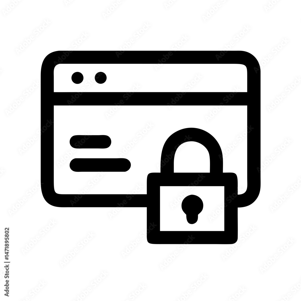 Minimalist black line icon of a credit card with a padlock, on a white background. For secure payment, financial data protection, or anti-fraud themes. Minimalist black line icon of a credit card with a padlock, on a white background. For secure payment, financial data protection, or anti-fraud themes.