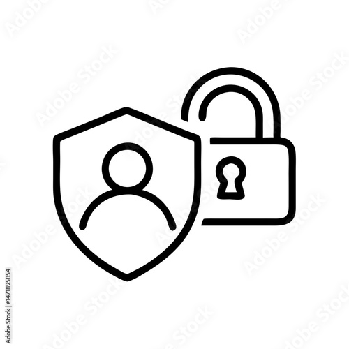 A minimalist line icon shows a shield with a user figure and an unlocked padlock. This image can be used on blogs or sites to represent unprotected data, security breaches, or a lack of privacy.

