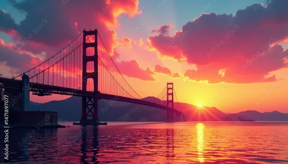 Fototapeta premium Majestic bridge tower against a vibrant sunset sky , tower, design, urban
