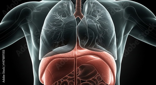 Human Anatomy Illustration Showing Lungs and Diaphragm