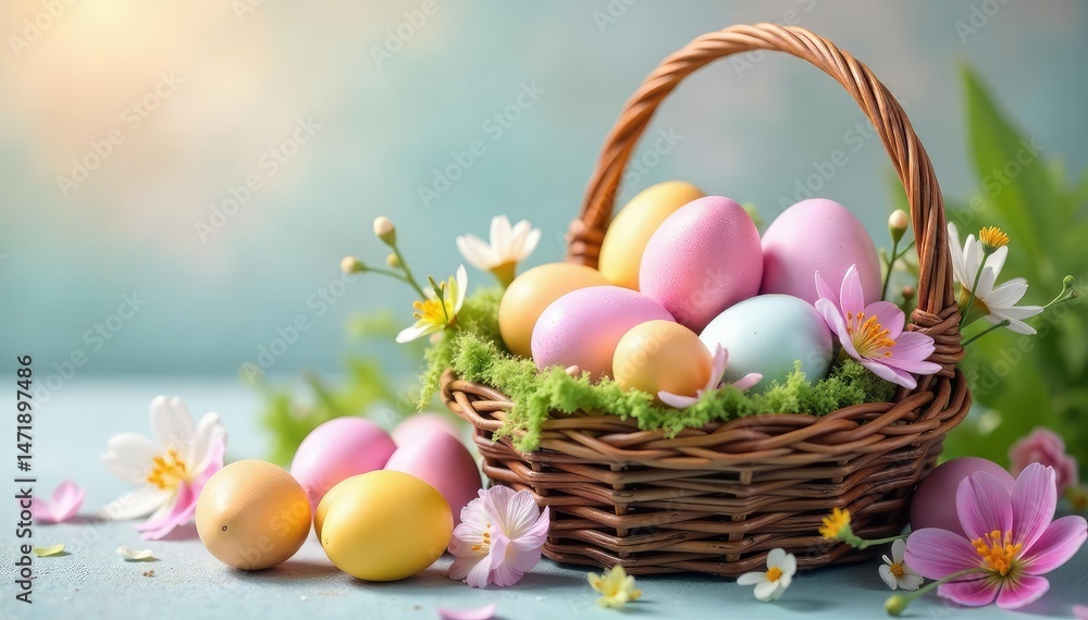 Naklejka premium Vibrant pastel Easter eggs in a basket, decorated with spring flowers and ribbons , painted, springtime