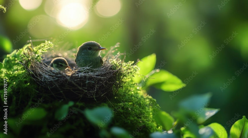 Fototapeta premium Caring Mother Bird and Baby in Nest: A heartwarming scene of a mother bird tenderly watching over her precious baby nestled in a woven nest amidst lush foliage, bathed in soft, natural light.