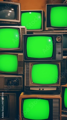 Vertical animation of a retro television mockup with a green screen