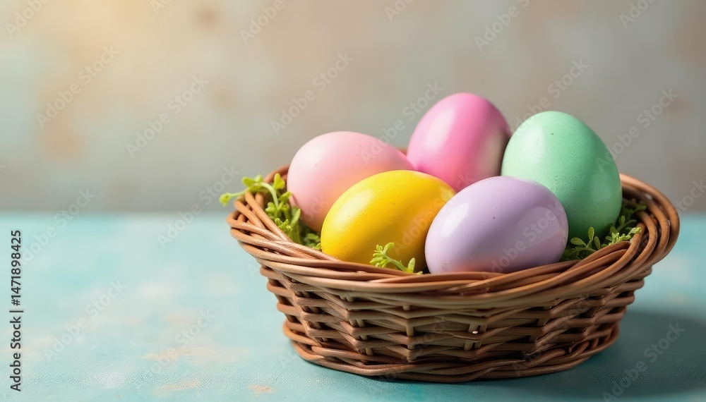 Vibrant pastel Easter eggs in a basket, showcasing a variety of spring colors , delicious, craft, bunny Vibrant pastel Easter eggs in a basket, showcasing a variety of spring colors , delicious, craft, bunny