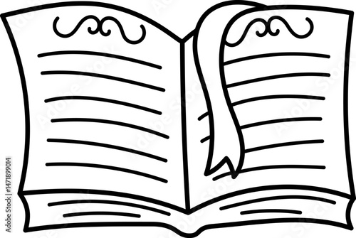 Vector black and white opened spell book with bookmark, front view. Back to school or fairytale educational line clipart. Copybook or spellbook. Fairy, witch coloring page