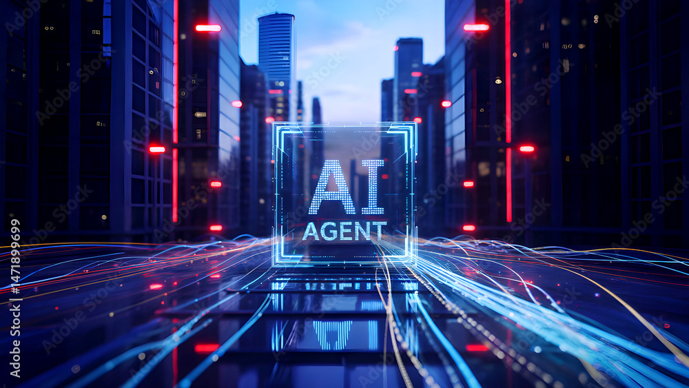 Naklejka premium Holographic AI Partner, Agentic Autonomy Meet Human Teamwork in Business. The AI Coworker Revolution, Holographic Agents for Autonomous Collaboration.