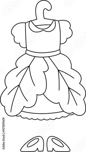 Vector black and white acorn fairy clothes. Woodland princess leaf shaped dress on hanger, shoes line icons. Fantasy forest fay costume illustration, coloring page. Fairytale fashion gown