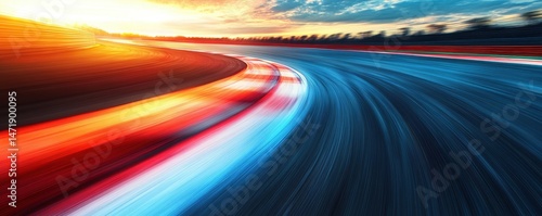 Dynamic curve on a racing track at sunset with motion blur