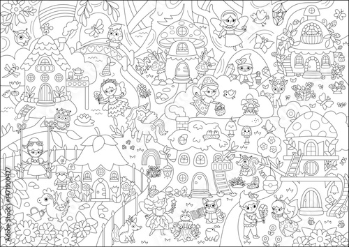 Vector black and white fairyland background. Cute fairy land landscape. Woodland line scenery with trees, treehouse, animals. Fantasy forest scene illustration, coloring page. Fairytale picture