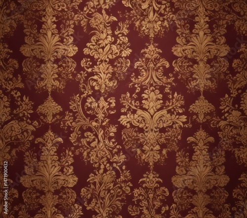 Intricate gold damask pattern on deep burgundy background  Elegant, vintage, luxury, wallpaper, seamless ,  vine,  classic