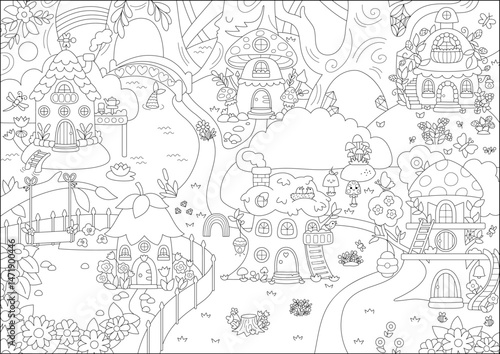 Vector black and white empty fairyland background. Line fairy land landscape. Woodland scenery with trees, treehouses, animals. Fantasy forest scene illustration. Magic or fairytale coloring page