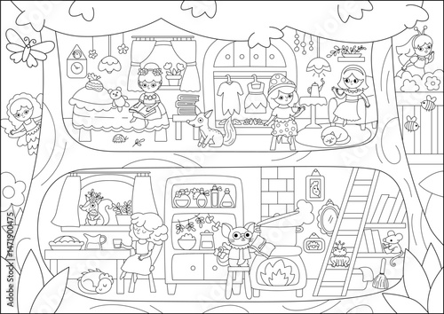 Vector black and white acorn fairy house background with cute girls. Woodland princess home interior landscape. Fantasy forest line scene. Magic fairytale treehouse scenery, coloring page