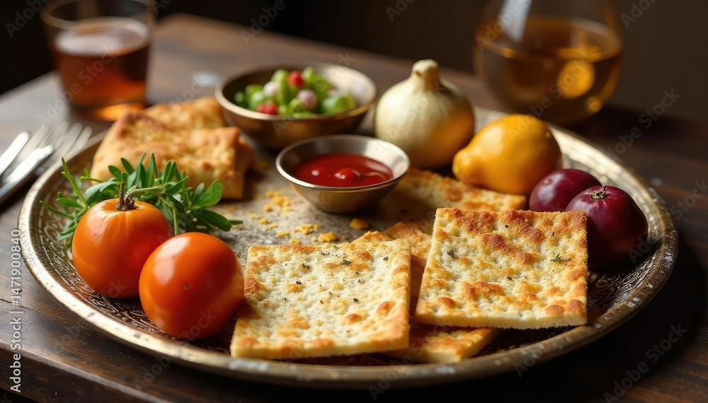 A Seder plate with matzah, charoset, maror, karpas, beitzah, zeroa , history, religious observance A Seder plate with matzah, charoset, maror, karpas, beitzah, zeroa , history, religious observance