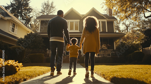 Happy Family Walking Towards New House  Homeowners  Dream Home  Suburban Life  Family Happ