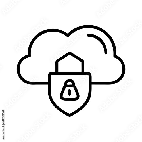 Black outline icon of a cloud with a shield and padlock, representing cloud security. Suitable for tech blogs, cybersecurity websites, and cloud service promotions