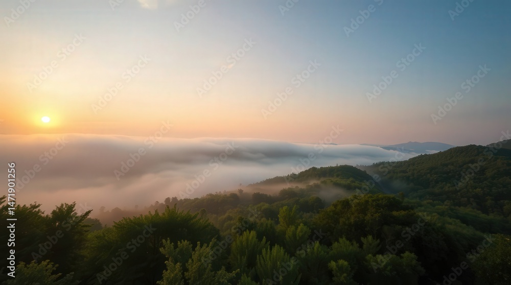 Serene Sunrise Over Foggy Mountains and Lush Green Forests Serene Sunrise Over Foggy Mountains and Lush Green Forests