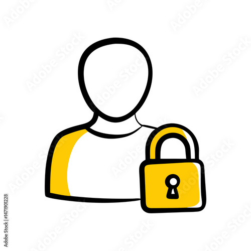 Hand-drawn style icon of a user profile with a yellow padlock, on a white background. For user security, login interfaces, or friendly app/web design.