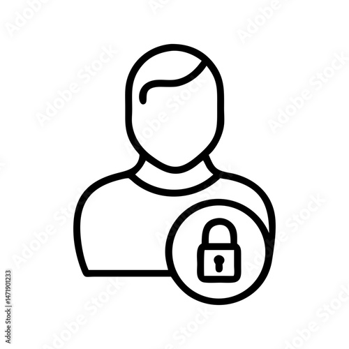 Minimalist black line icon of a user profile with a padlock, on a white background. For user account security, login pages, or privacy settings in apps and websites.