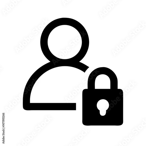 Minimalist black line icon of a user profile with a padlock, on a white background. For user account security, login pages, or privacy settings in apps and websites.
