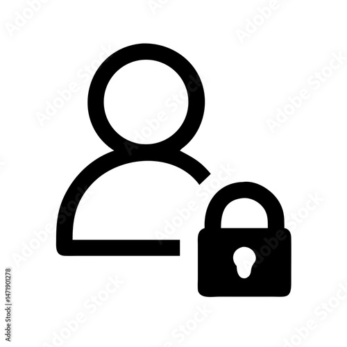 Minimalist black line icon of a user profile with a padlock, on a white background. For user account security, login pages, or privacy settings in apps and websites.
