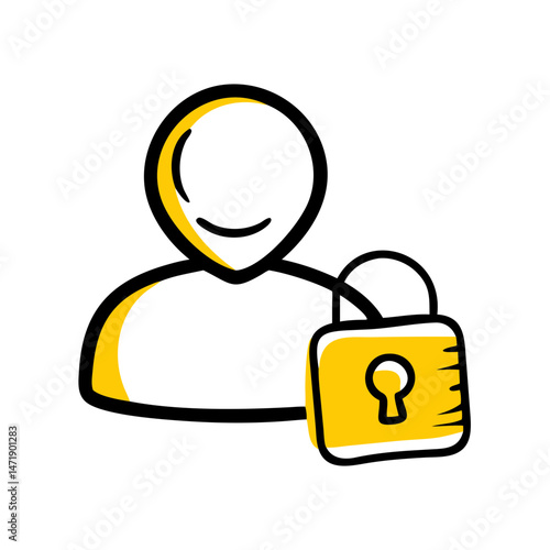 Hand-drawn style icon of a user profile with a yellow padlock, on a white background. For user security, login interfaces, or friendly app/web design.