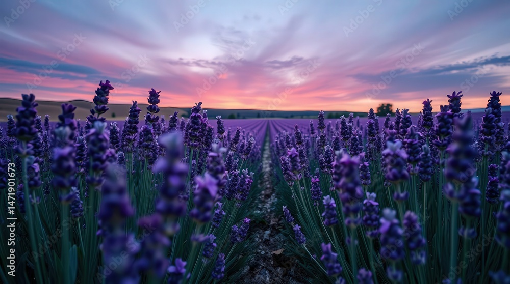 Naklejka premium Vibrant Lavender Fields Under Colorful Sunset Sky Landscape