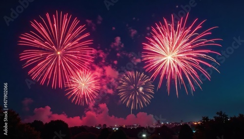 Vibrant fireworks explode in a night sky, celebrating a triumphant victory , success, design