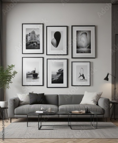 Modern living room mockup; empty black frames create a minimalist gallery wall ,  apartment,  wall art,  home decor