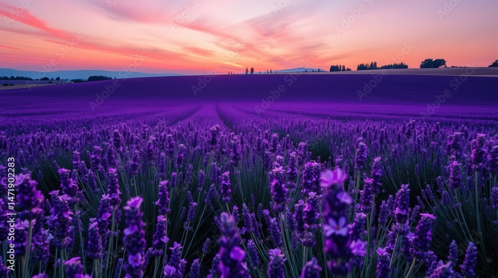Fototapeta premium Breathtaking Lavender Field Under a Colorful Sunset Sky