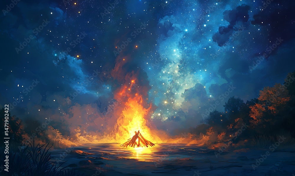 A vibrant campfire under a sparkling night sky with stars
