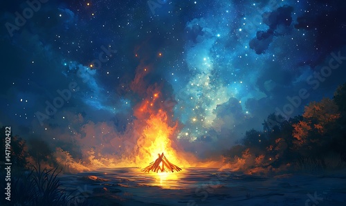 A vibrant campfire under a sparkling night sky with stars