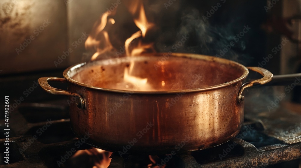 Copper Pot on a Stovetop with Flames Copper Pot on a Stovetop with Flames