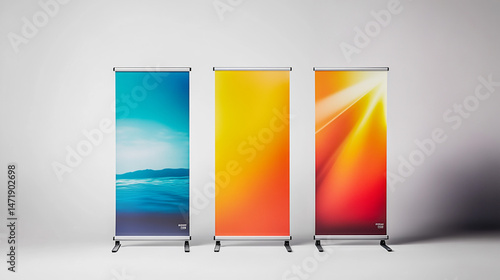Three Retractable Banner Stands  Colorful Designs  Trade Show Displays  Advertising  Marke