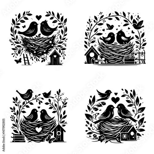 Charming Bird Nest Illustrations Four Black and White Designs