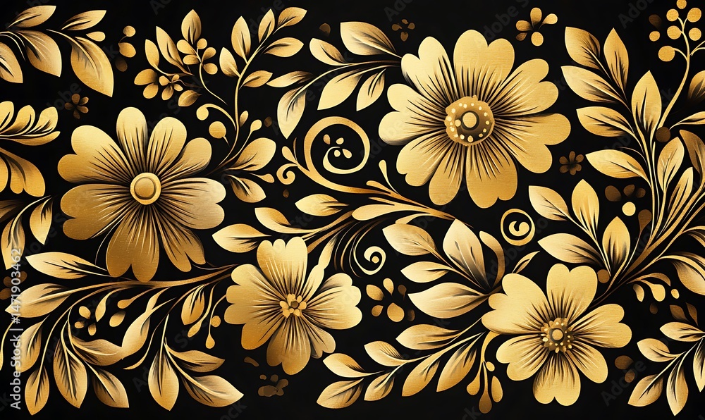 Decorative floral pattern with gold flowers and leaves on black background