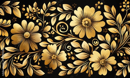 Decorative floral pattern with gold flowers and leaves on black background